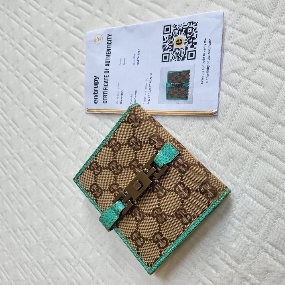 GUCCI Monogram Piston Lock Compact Wallet Turquoise w/COA